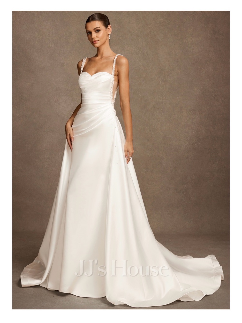 Ivory Satin Beaded-Strap Mermaid Wedding Gown with detachable train and veil